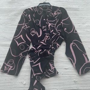 Lane Bryant Wrap Blouse 26/28 Long Bell Sleeve Pink Black